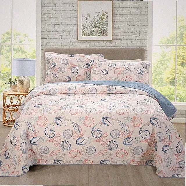 100% Cotton Ocean Beach Bedspread Set Blush Pink Seashell Conch Coverlet Sets