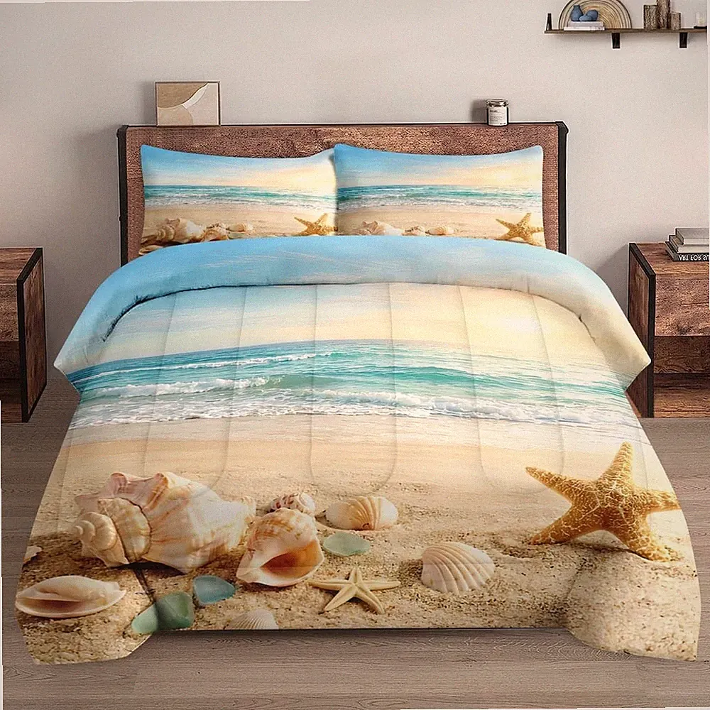 2 Pcs Twin Size Comforter Set with Pillowcase, Beach Coastal Ocean Soft Bedding