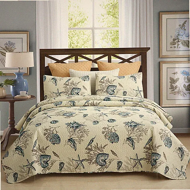 3 Pieces Beach Shell Bedspread Set Ocean Theme Seashell Conch Quilt With Shams