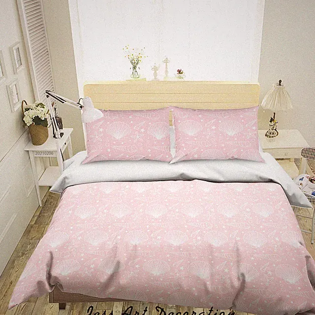 3D Seashell Starfish Pattern Pink Quilt Cover Set Bedding Sets Pillowcases 64