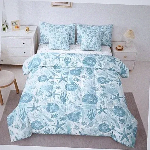 7 Pieces Seashell Conch Starfish Coral Comforter,Coastal Ocean Full Multi 07