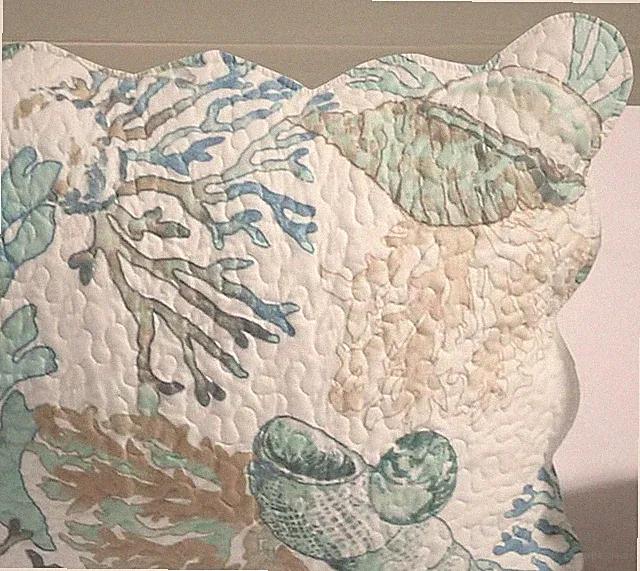 ATLANTIS JADE 3pc Queen QUILT SET : NAUTICAL BEACH AQUA GREEN BLUE OCEAN SHELL