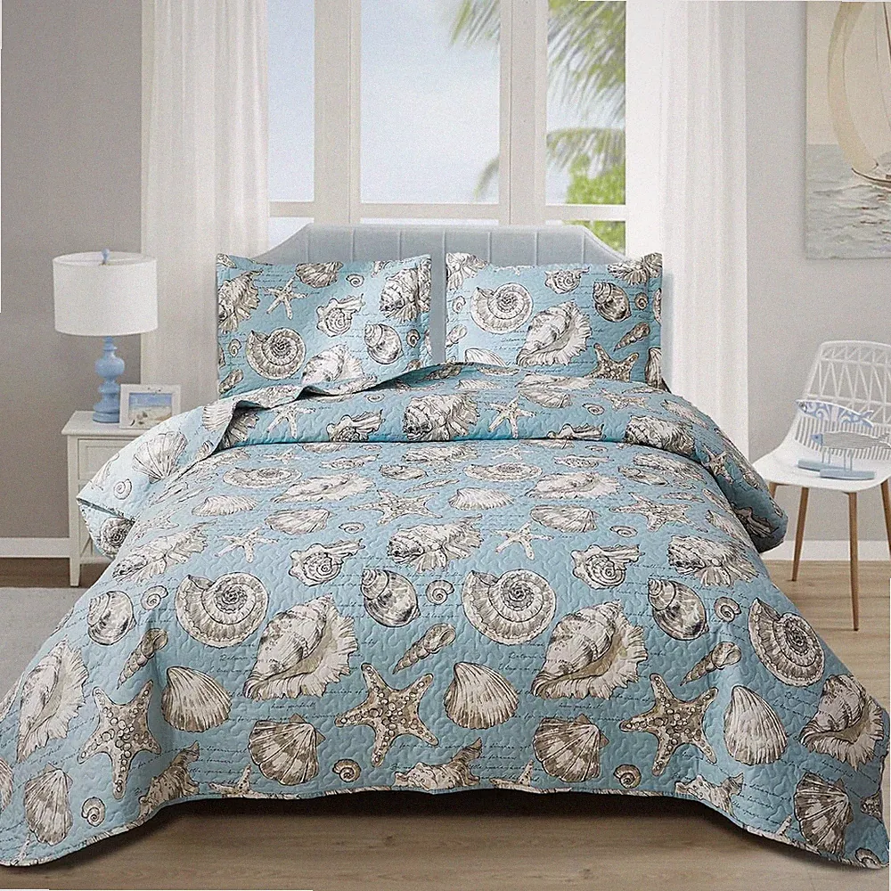 Beach Quilts Set Twin Size Ocean Theme Bedspreads,3 Pcs Seashell Conch Starfish