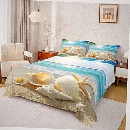 Beach Themed Blue Ocean Sheets with Seashell Starfish Print for Full Color 21