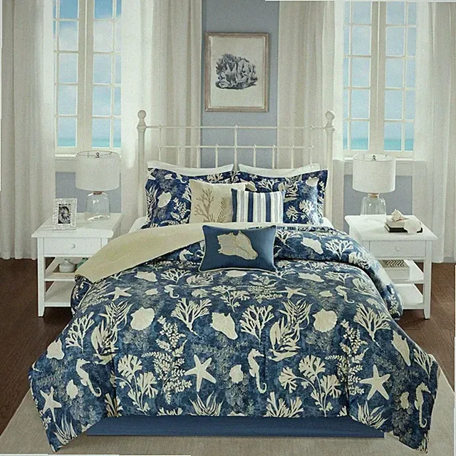 Blue Beige Nautical Beach Seashell 7 pc Cotton Comforter Set Queen Cal King Bed
