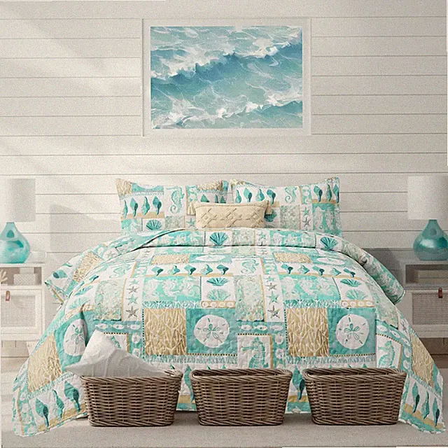 Blue Ocean Quilts Set King Size Lightweight Beach Bedspreads Coastal Seashell Co