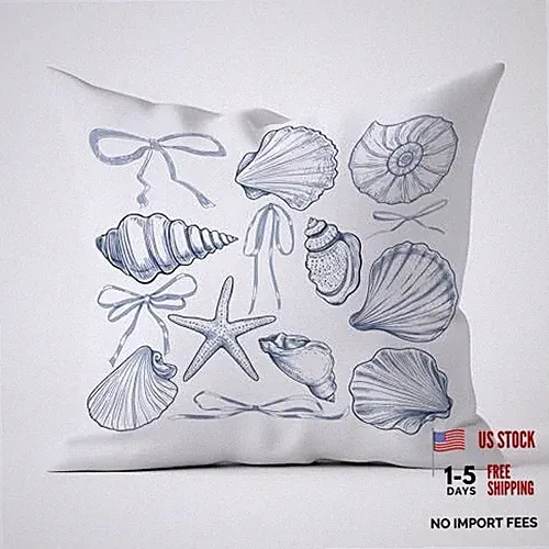 Blue Seashell Coastal Beach Pillow Covers 18x18 Double-Sided, Seashells-white