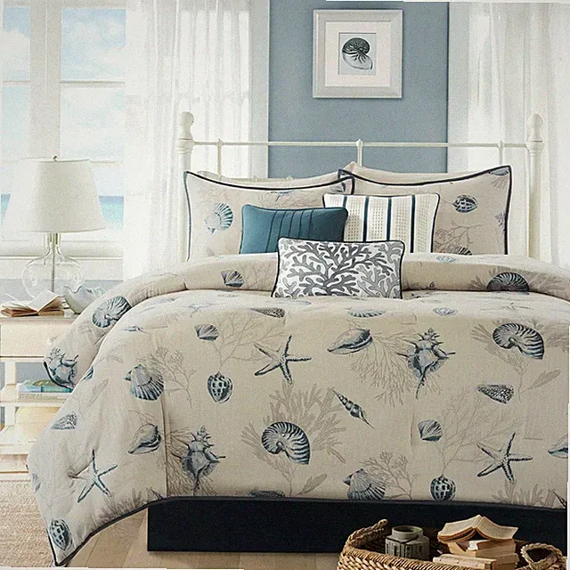 BLUE SHELLS 7pc Cal King COMFORTER SET : COASTAL OCEAN HOUSE TROPICAL BEACH