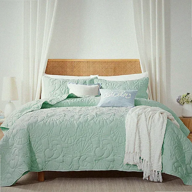 Coastal Beach Queen Size Quilt Bedding Sets, Seafoam Green Nautical Tropical Oce