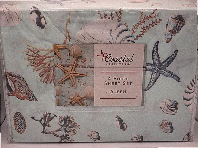 Coastal Collection 4 Piece QUEEN Sheet Set-Sea Shells Beach House- Oceanside Sea