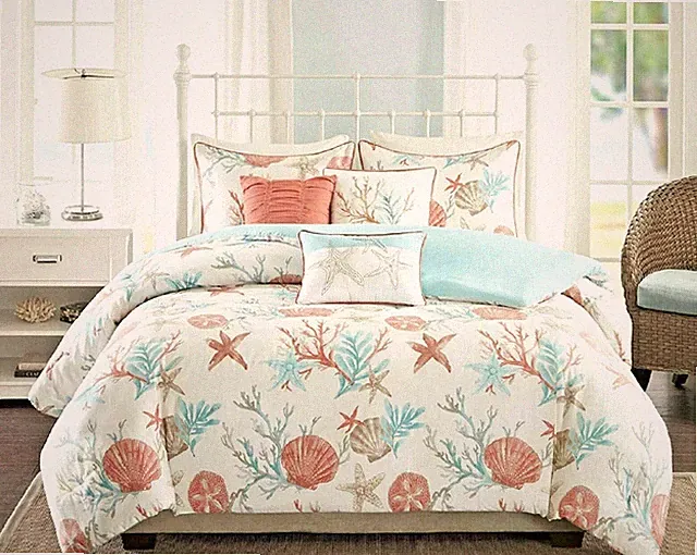 Coastal Comforter Set King Coral White Shell Decorative Bedding Pillow Shams
