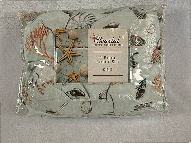 Coastal Hotel Collection King Size Sheet Set, NIB, Beachy, Seashells, Starfish