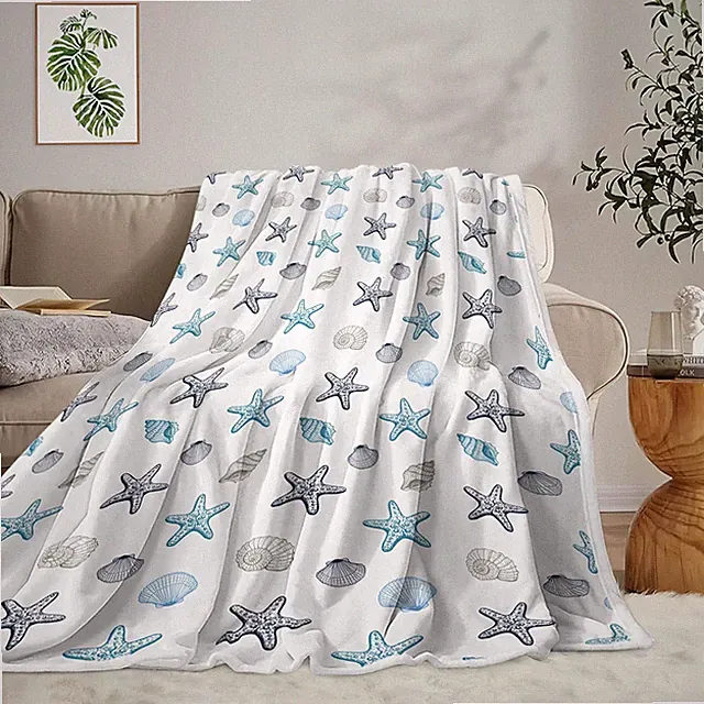 Coastal Ocean Beach Throw Blanket 50X60 Starfish Seashells Blue Grey Soft Fleece