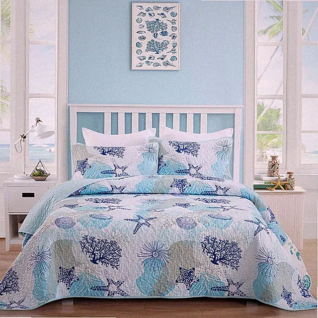 Coastal Queen Quilt Set Blue Ocean Beach Theme Coral Seashell Starfish