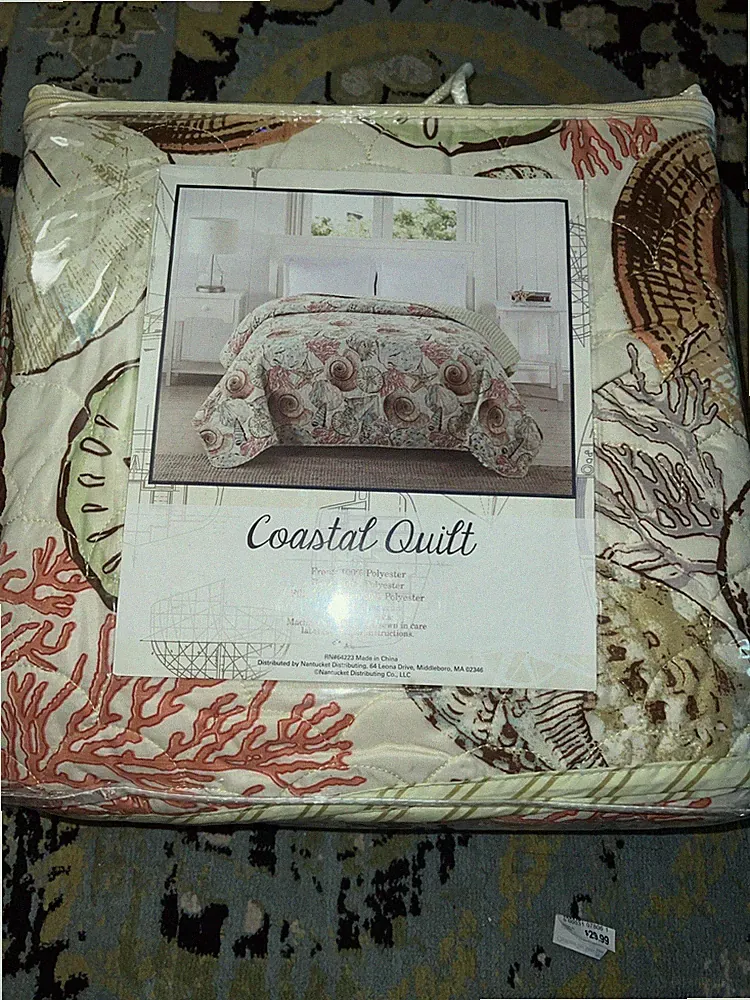 Coastal Quilt Bedding Ocean Beach Theme Seashell Coral Print