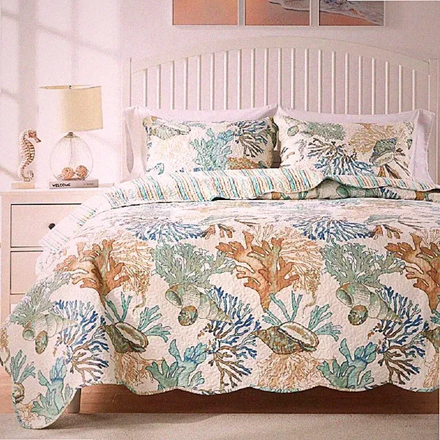 Coastal Quilt Set Blue Brown Green Sea Shell Queen Reversible Bedding Cover