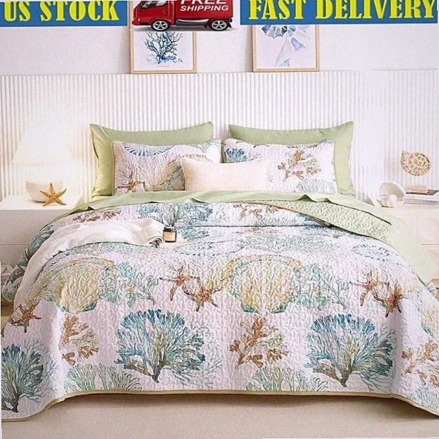 Coastal Quilt Set Coral Seashell Starfish Lightweight Bedspread Elegant Shams US