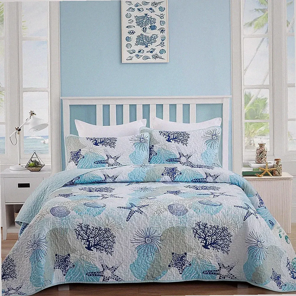 Coastal Quilt Set Full Size, Blue Ocean Beach Themed Bedding Set Coral Seashell