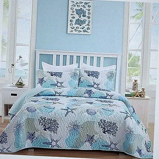 Coastal Quilt Set Size, Blue Ocean Beach Themed Bedding Set Full Blue Coastal