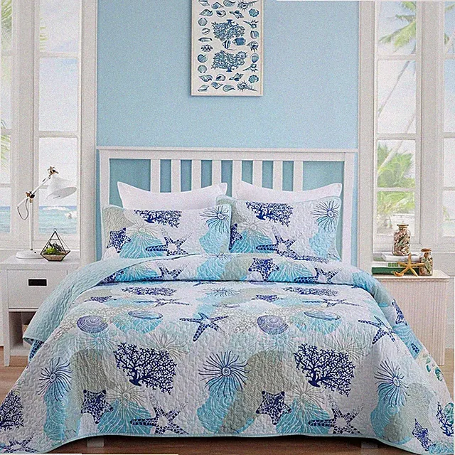 Coastal Quilt Set Twin Size, Blue Ocean Beach Themed Bedding Set Coral Seashell