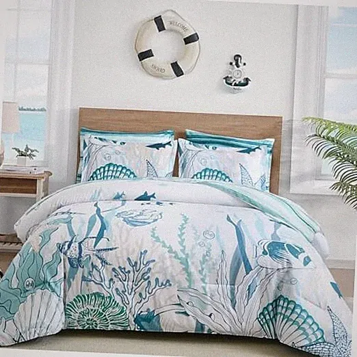 Coastal Size Comforter,7 Pieces Beach Nautical Themed Queen Coral & Seashell