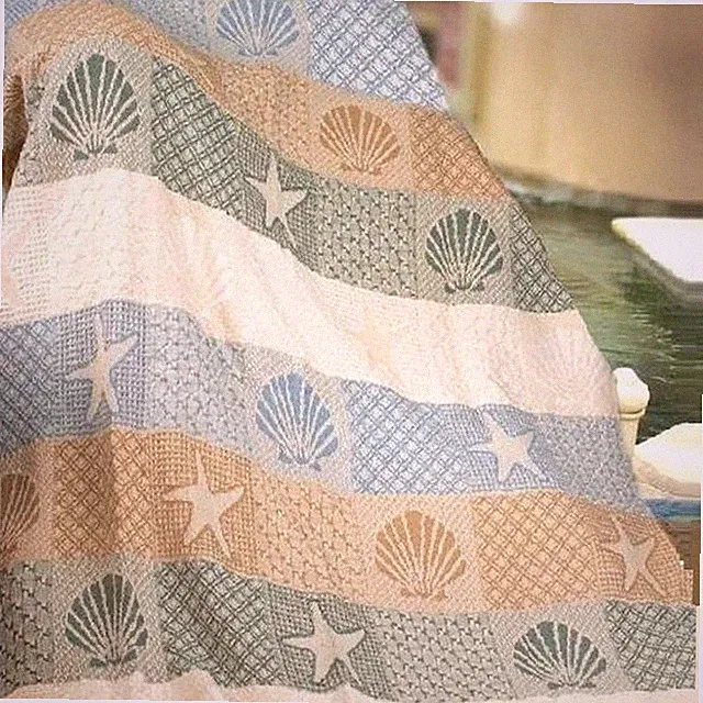 Coastal Throw Blanket Blue Beige Woven Cotton Sea Shells Sofa Couch Chair Cover