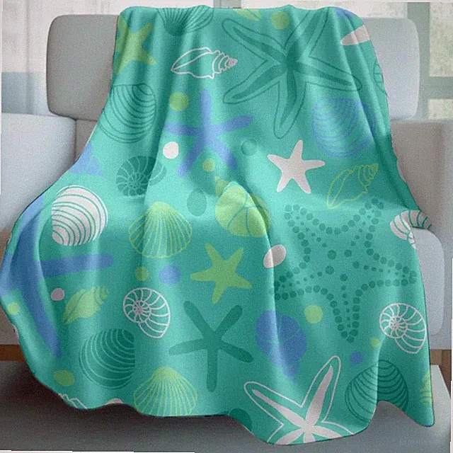 Coastal Velveteen Throw Blanket Seashell Design