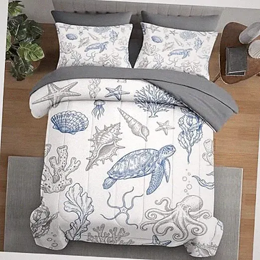 Comforter Set Size, Sea Shell Coral Seashell 7 Pcs Bedding for Queen Blue Sea