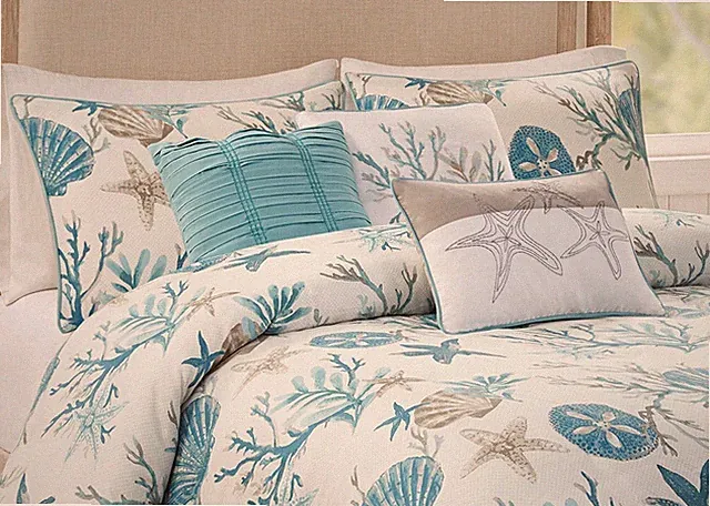 CORAL BEACH 6p Duvet Cover SET : AQUA OCEAN SHELL BEACH TROPICAL COASTAL