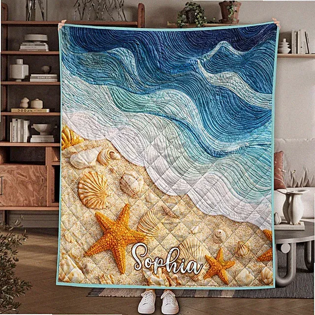 Custom Name Beach Waves Blanket Ocean Quilt Throw Starfish Seashell Coastal Gift