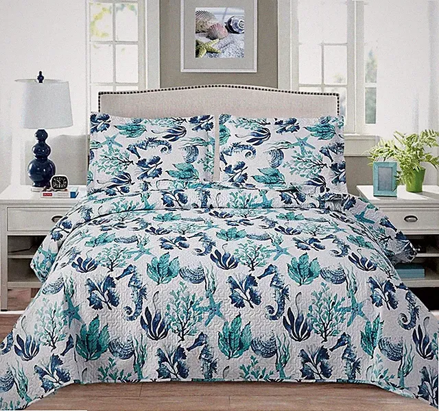 Jarson 3 Pcs Summer Coastal Quilts Full/Queen Size Conch Seashell Coverlet Set L