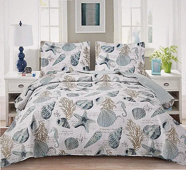 Jarson Summer Beach Bedspreads Set Seashell Conch Coverlet Sets Twin Size,3Pc...