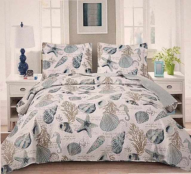 Jarson Summer Beach Bedspreads Set Seashell Conch Coverlet Sets Twin Size,3Pcs L