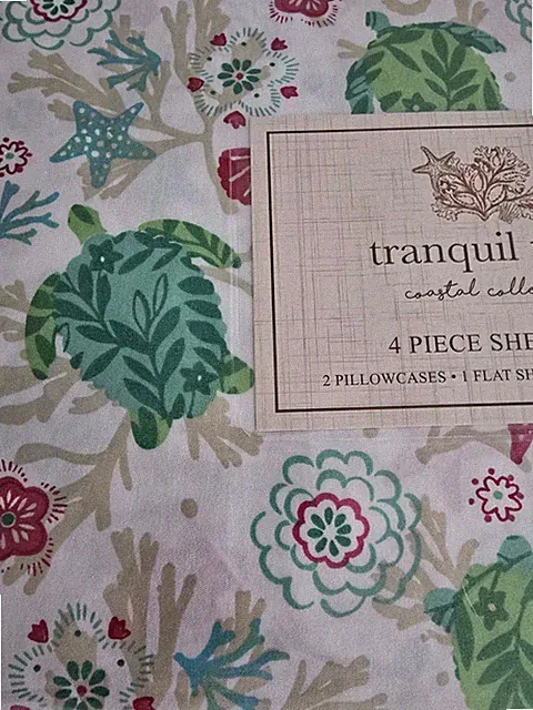 KING sheet set Turtle beach cottage ocean theme sea shells star fish floral NEW