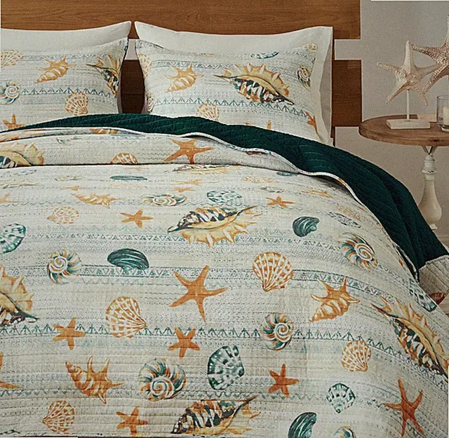 KONA TROPICAL 3pc King QUILT SET : BEACH HOUSE COASTAL OCEAN SHELL STARFISH FISH