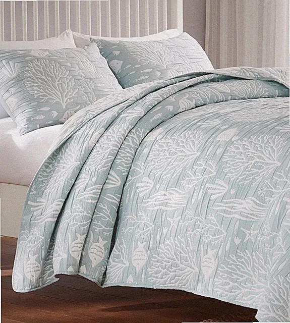 MARINA SEAFOAM GREEN 3pc King QUILT SET : CORAL FISH BEACH OCEAN SHELL TROPICAL