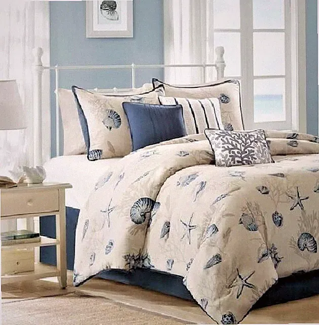 Nautical Blue Ivory Shell Comforter Set Queen Cotton Coastal Star Fish Bedding