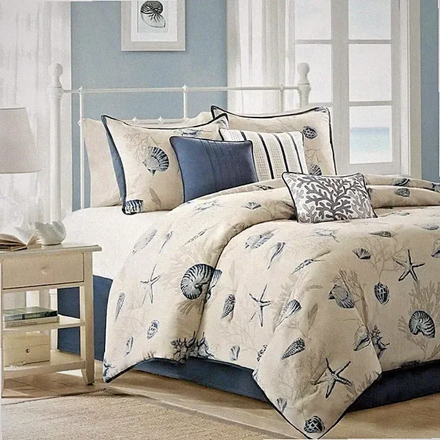 Nautical Comforter Set Blue Sea Shell King Coastal 7 Piece Cotton Pillow Shams