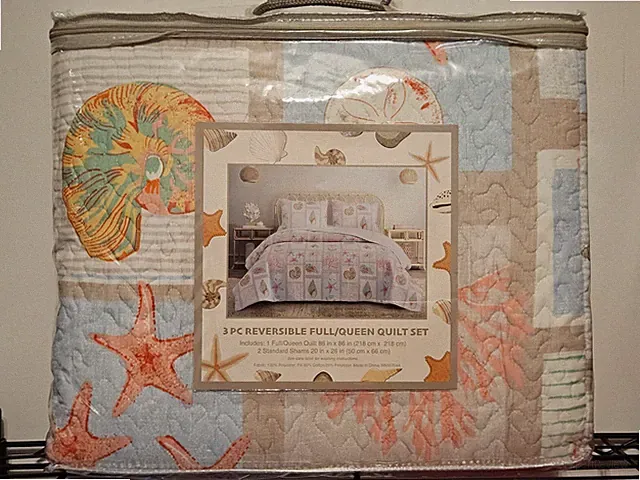 NEW 3p SEASHELLS Quilt Set Pastel Pink Blue White FULL/QUEEN Ocean Coastal Beach