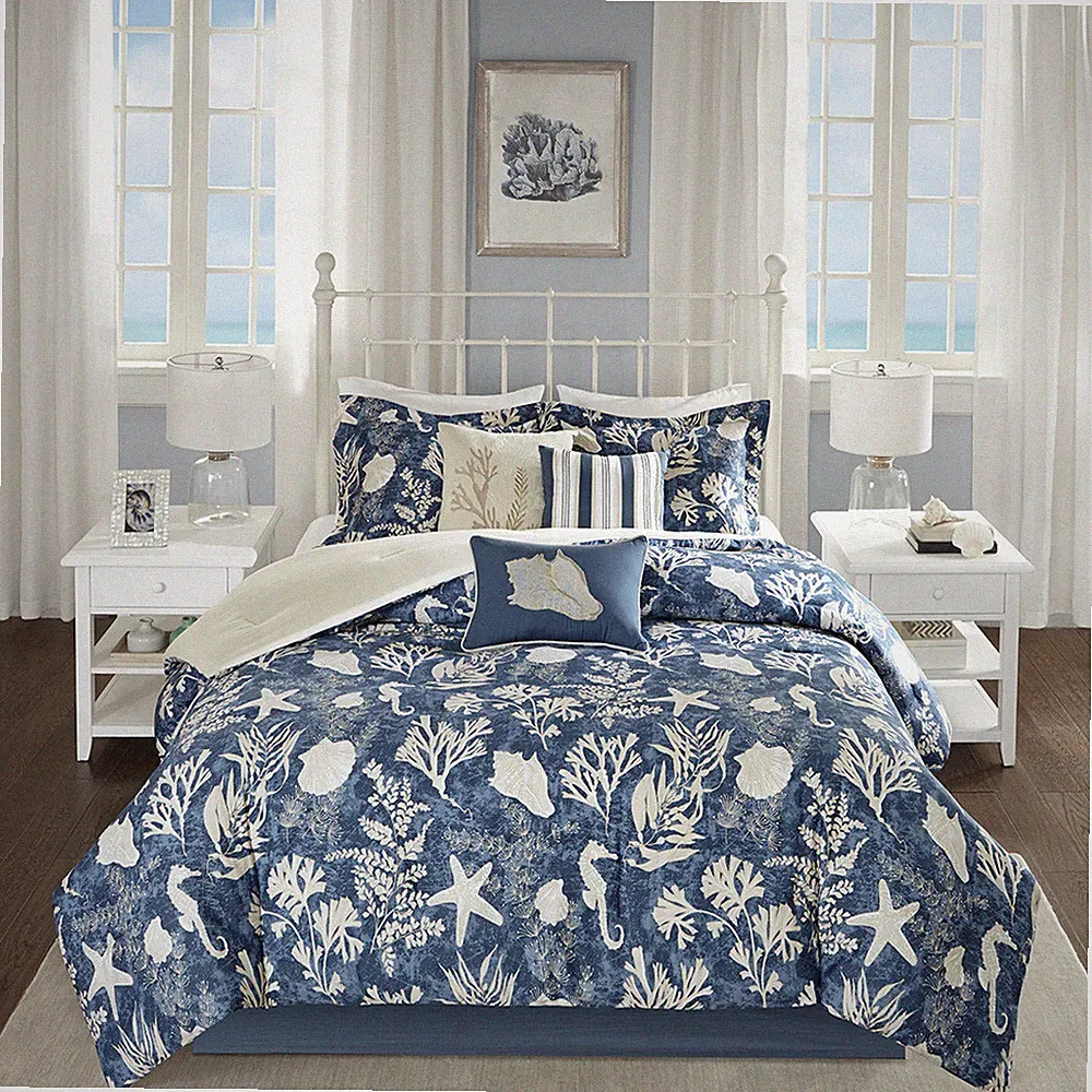 NEW! ~ BEAUTIFUL BLUE WHITE BEACH HOUSE SEA SHELL CORAL OCEAN SOFT COMFORTER SET