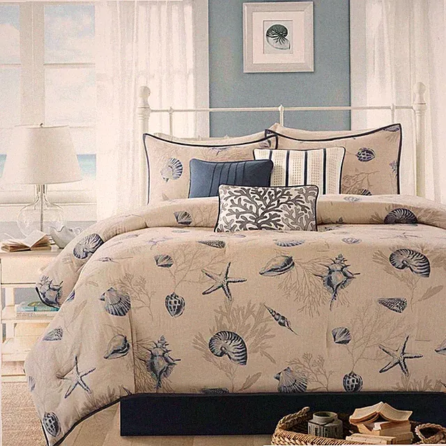 NEW! ~ COASTAL BEACH BLUE SOFT WHITE GREY CORAL SEA SHELL NAUTICAL COMFORTER SET
