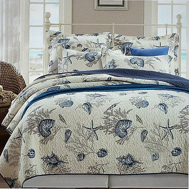 NEW! ~ NAUTICAL BEACH HOUSE COASTAL SEA SHELL TROPICAL NAVY BLUE WHITE QUILT SET