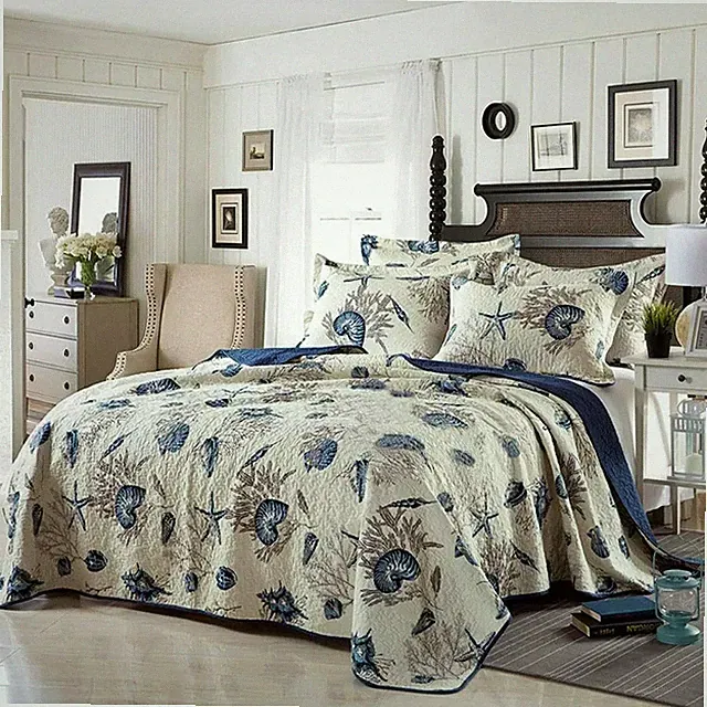 NEW! ~ NAUTICAL COZY BEACH COASTAL SEA SHELL TROPICAL NAVY BLUE WHITE QUILT SET