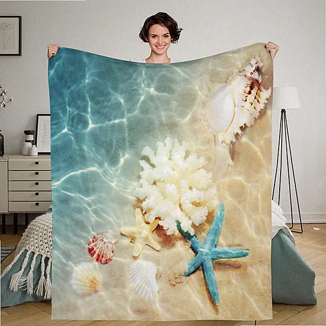 Ocean Beach Theme Seashell Throw Blanket Travel Bedroom Decor Fits 50x40 Inch