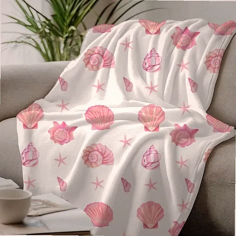 Pink Seashell Fleece Blanket Coastal Cute Decor