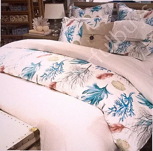 Pottery Barn Del Mar Duvet Cover Blue Queen 2 Std Shams Coral Sea Shell Coastal