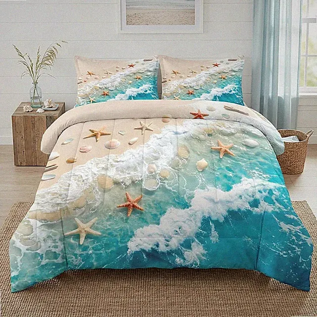 Queen Comforter Set 3 Pcs, Beach Starfish Seashell Bedding for Kids and Adults