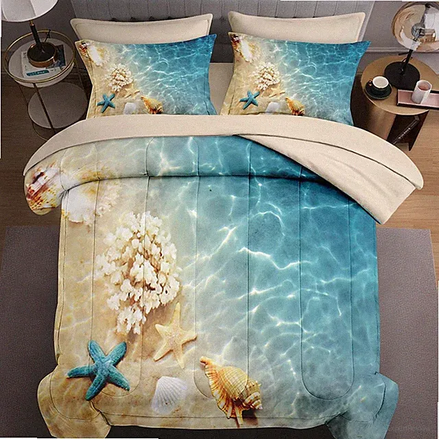 Queen Size 7-Pc Seashell Comforter Set with Pillowcases & Sheet, Ocean Theme