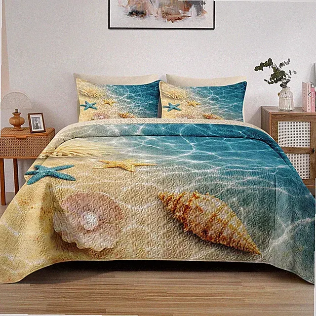 Quilt Set King Size, Summer Beach Seashell 3 Pcs Soft Bed Cover Bedding Set for