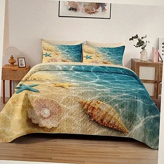 Quilt Set Size, Summer Beach Seashell 3 Pcs Soft Bed Cover Full/Queen Ocean